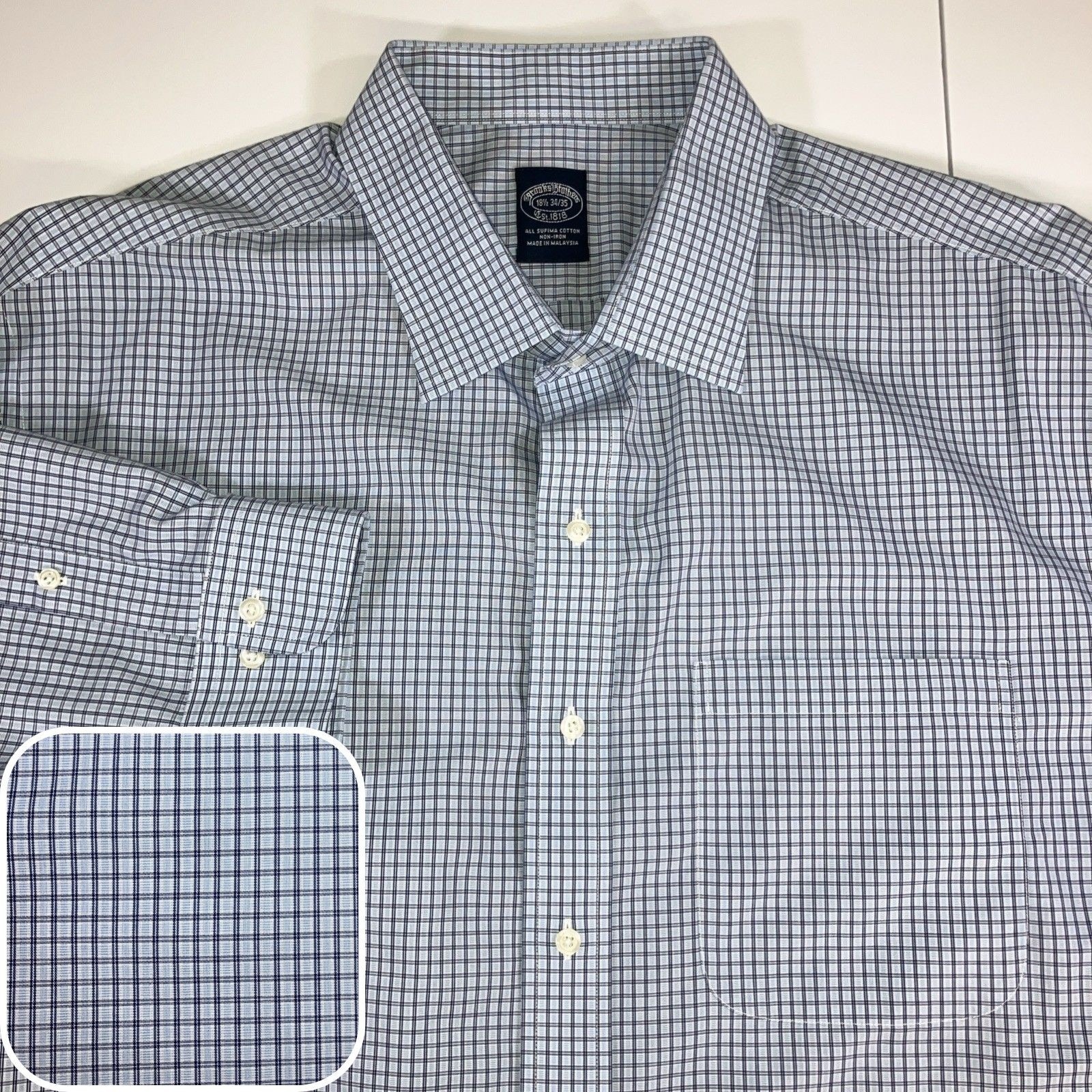 Brooks Brothers Dress Shirt Mens 18.5 34/35 Blue Black Micro Check Supima Cotton